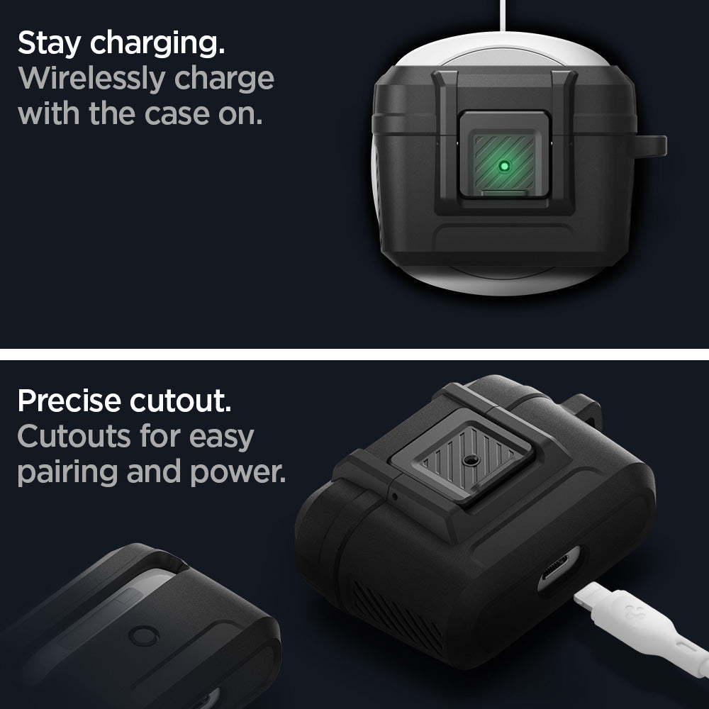 ACS04755 - Apple AirPods Pro Case Lock Fit in matte black showing the stay charging. Wirelessly charge with the case on. Precise cutout. Cutouts for easy pairing and power