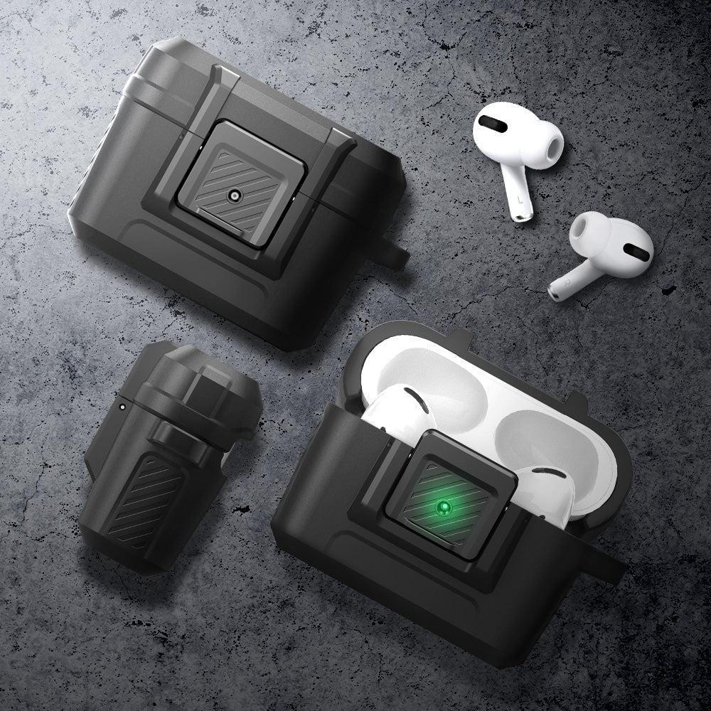 ACS04755 - Apple AirPods Pro Case Lock Fit in matte black showing the front, partial inner and side with airpods out in the case