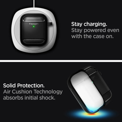 ASD01117 - Apple AirPods 1 / 2 Case Rugged Armor in matte black showing how it stay charging. Stay powered even with the case on. Solid Protection, Air Cushion Technology absorbs initial shock