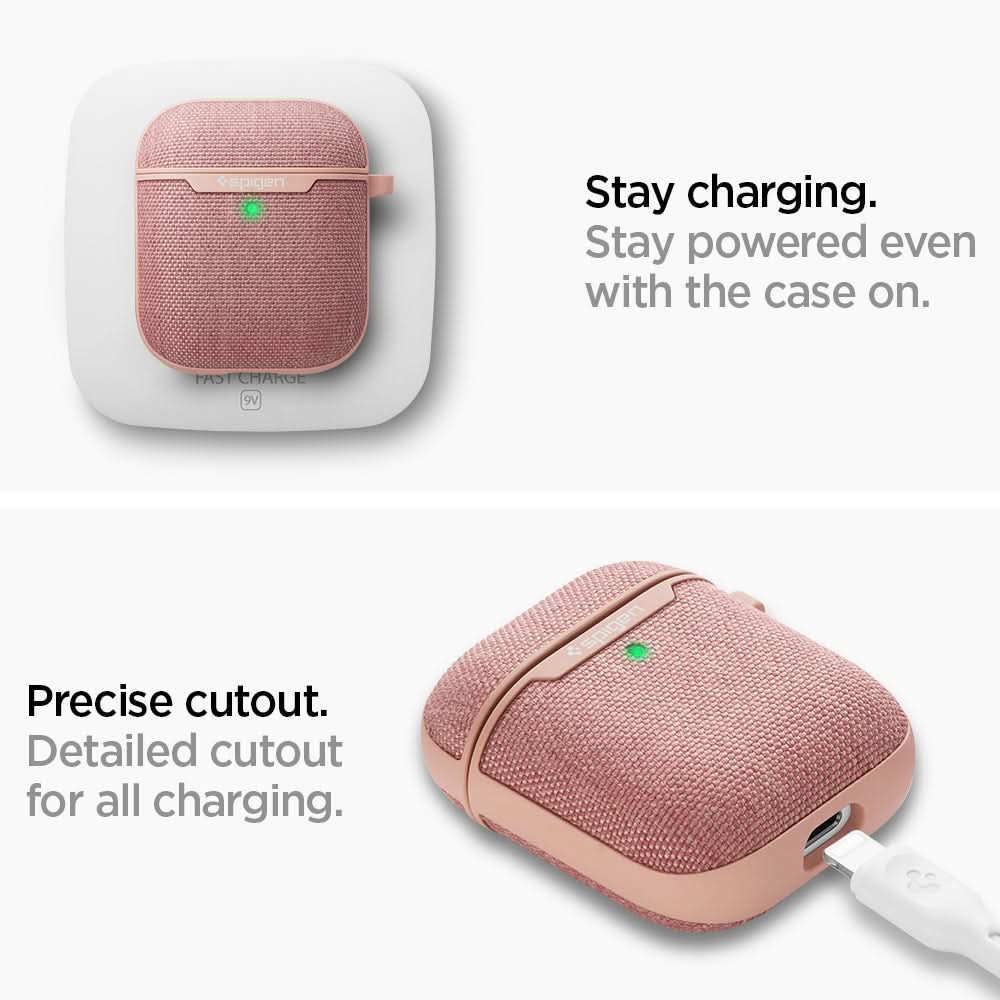 074CS27598 - Apple AirPods 1 / 2 Case Urban Fit in rose gold showing how it stays charging. Stay powered even with the case on. Precise cutout. Detailed cutout for all charging