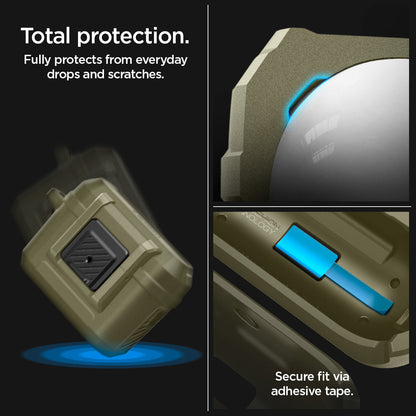 ACS05911 - Apple AirPods Pro 2 Case Lock Fit in vintage khaki showing total protection. Fully protects from everyday drops and scratches. Secure fit via adhesive tape