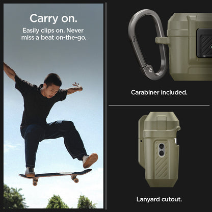ACS05911 - Apple AirPods Pro 2 Case Lock Fit in vintage khaki showing easy to clip on. Never miss a beat on-the-go. Carabiner included with lanyard cutout
