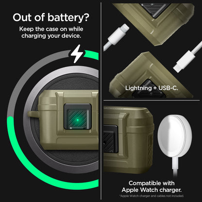 ACS05911 - Apple AirPods Pro 2 Case Lock Fit in vintage khaki showing keep the case on while charging your device. Lightning + USB-C compatible with Apple Watch charger