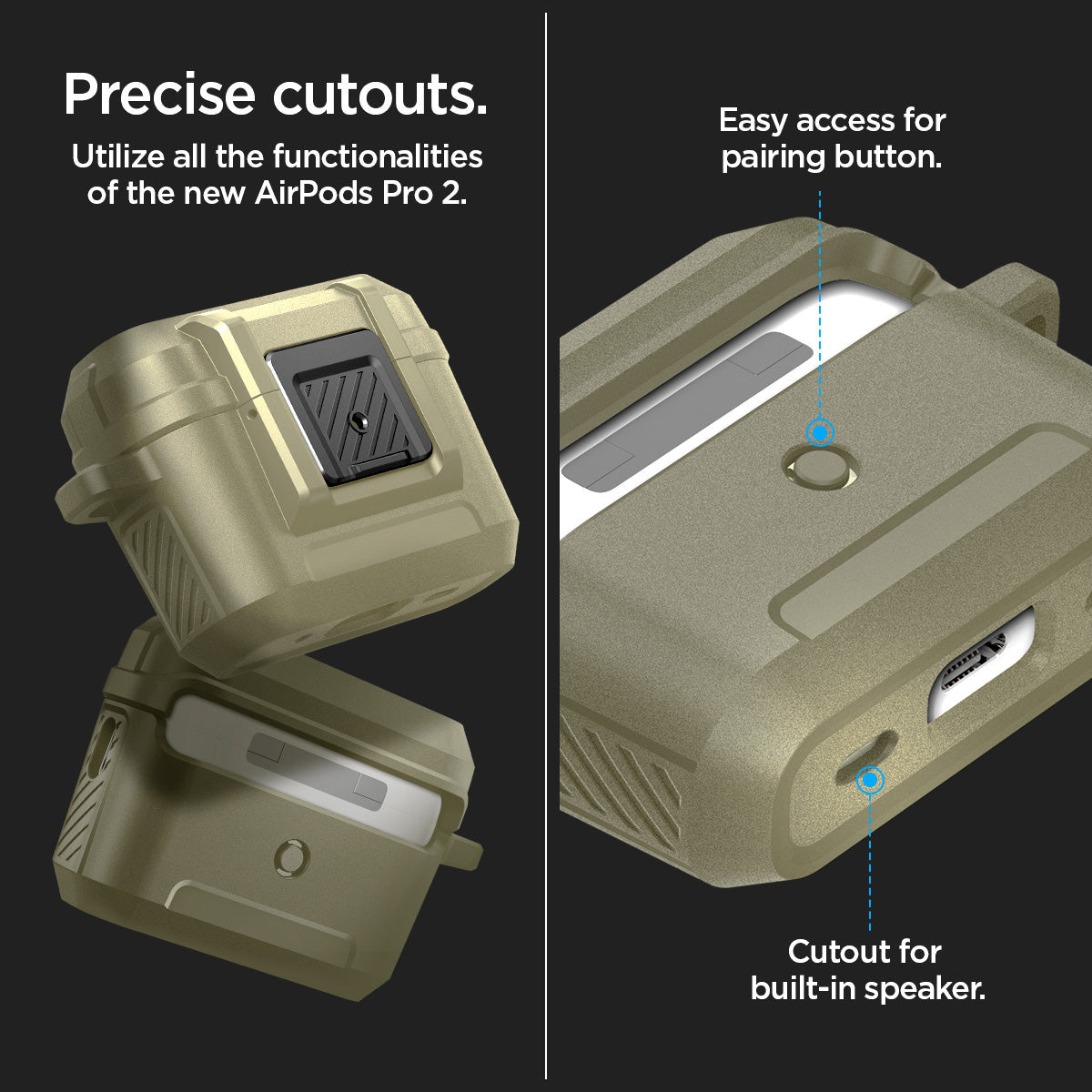 ACS05911 - Apple AirPods Pro 2 Case Lock Fit in vintage khaki showing precise cutouts. Utilize all functionalities of the new AirPods Pro 2. Easy access for pairing button. Cutout for built-in speaker
