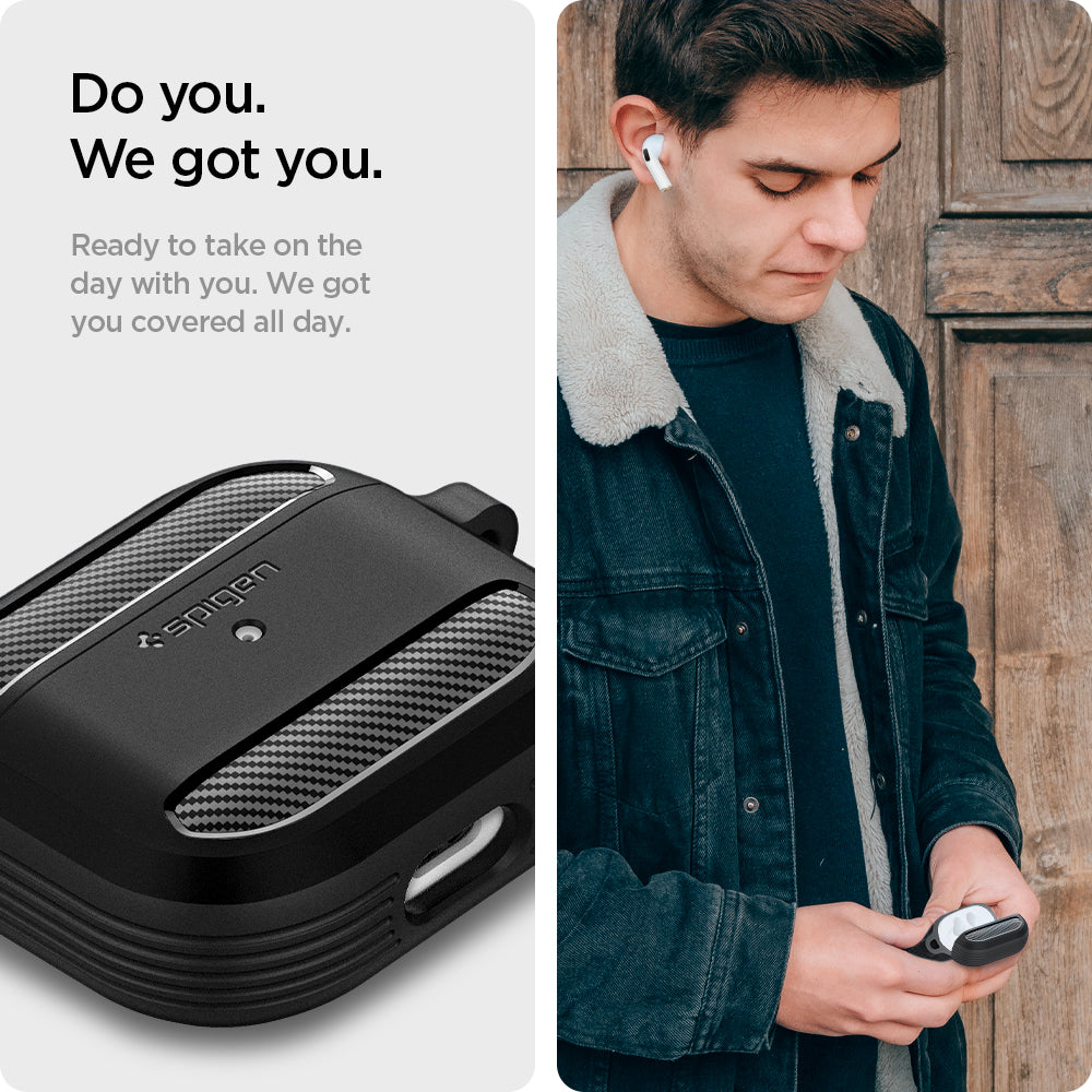 ASD01978 - Apple AirPods 3 Case Rugged Armor in black showing how it is ready to take on the day with you. Got you covered all day