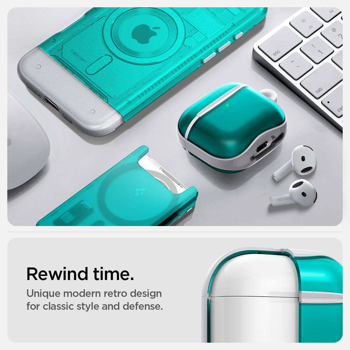 ACS08644 - AirPods 4 Pro / AirPods 4 Classic C1 in Bondi Blue showing the rewind time. Unique modern retro design for classic style and defense