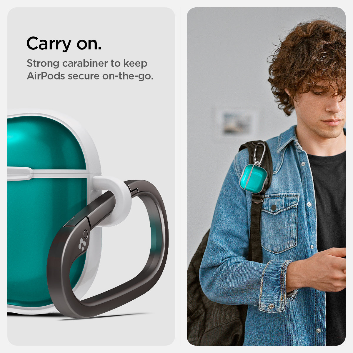 ACS08644 - AirPods 4 Pro / AirPods 4 Classic C1 in Bondi Blue showing the strong carabiner to keep AirPods secure on-the-go