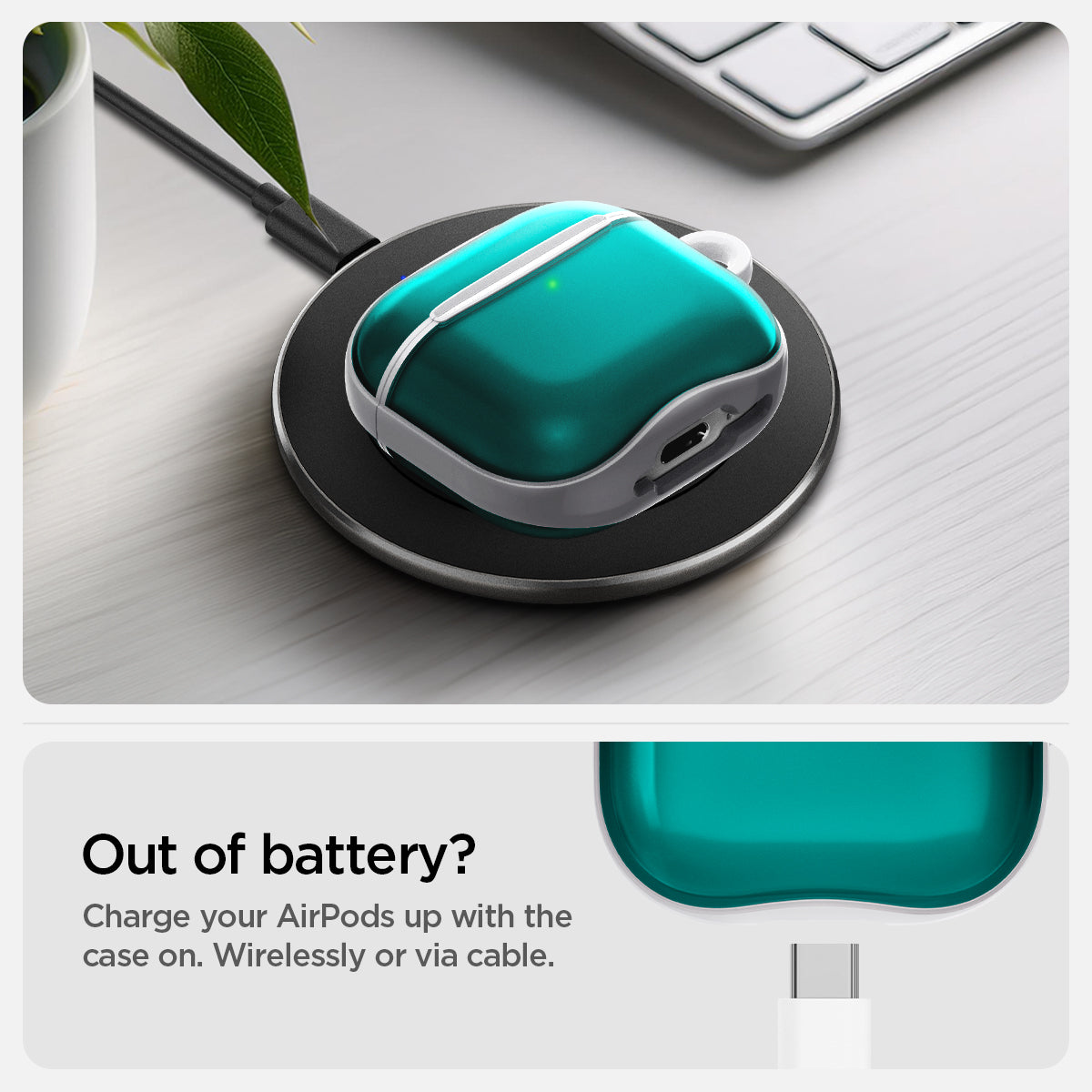 ACS08644 - AirPods 4 Pro / AirPods 4 Classic C1 in Bondi Blue showing how it charges your AirPods up with the case on. Wirelessly or via cable