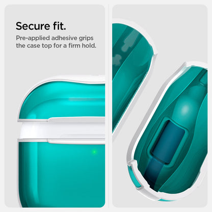 ACS08644 - AirPods 4 Pro / AirPods 4 Classic C1 in Bondi Blue showing the secure fit. Pre-applied adhesive grips the case top for a firm hold