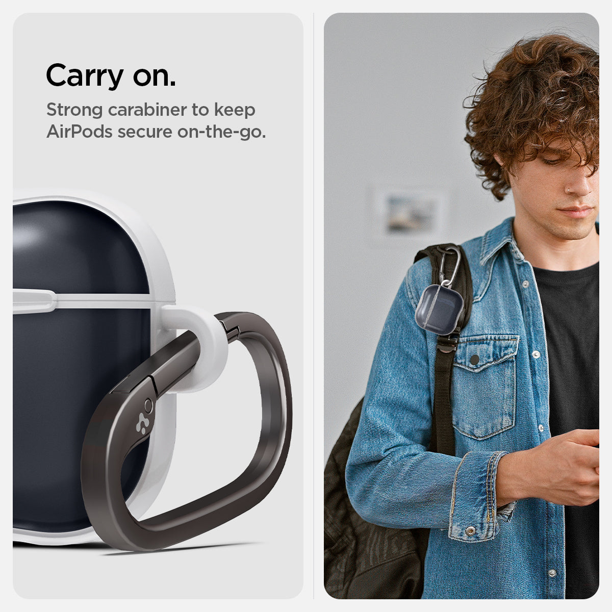 ACS08645 - AirPods 4 Pro / AirPods 4 Classic C1 in Graphite showing the strong carabiner to keep AirPods secure on-the-go