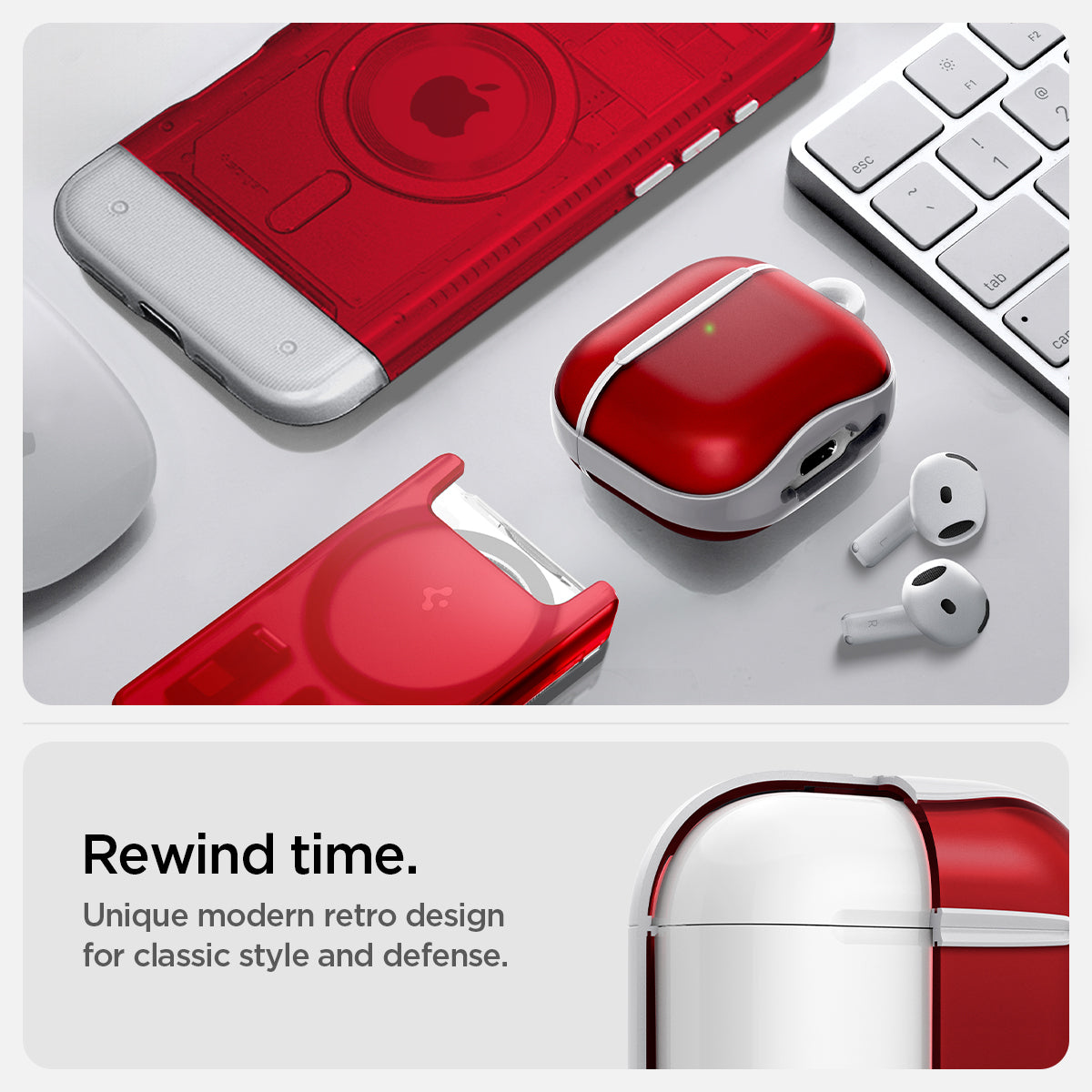 ACS08646 - AirPods 4 Pro / AirPods 4 Classic C1 in Ruby showing the rewind time. Unique modern retro design for classic style and defense