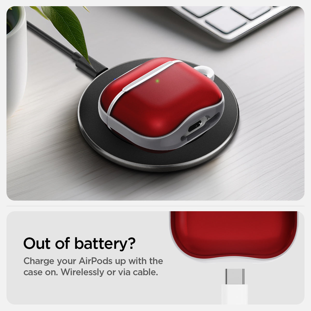 ACS08646 - AirPods 4 Pro / AirPods 4 Classic C1 in Ruby showing how it charges your AirPods up with the case on. Wirelessly or via cable