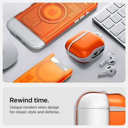 ACS08647 - AirPods 4 Pro / AirPods 4 Classic C1 in Tangerine showing the rewind time. Unique modern retro design for classic style and defense