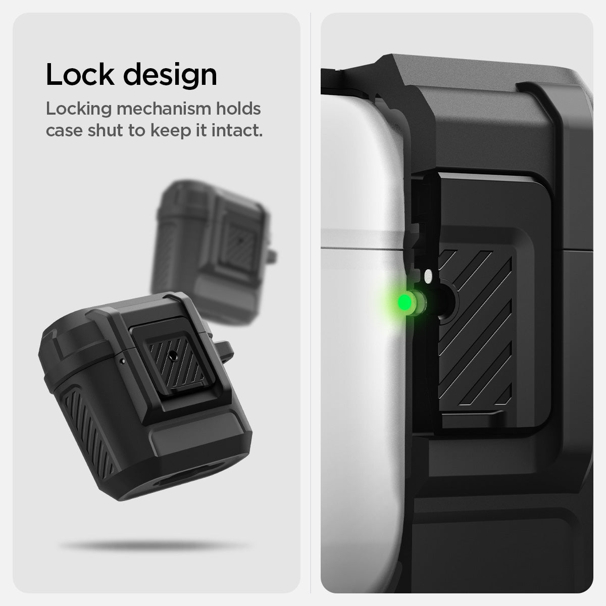 ACS09020 - AirPods 4 Case Lock Fit in Matte Black showing the lock design. Locking mechanism holds case shut to keep it intact