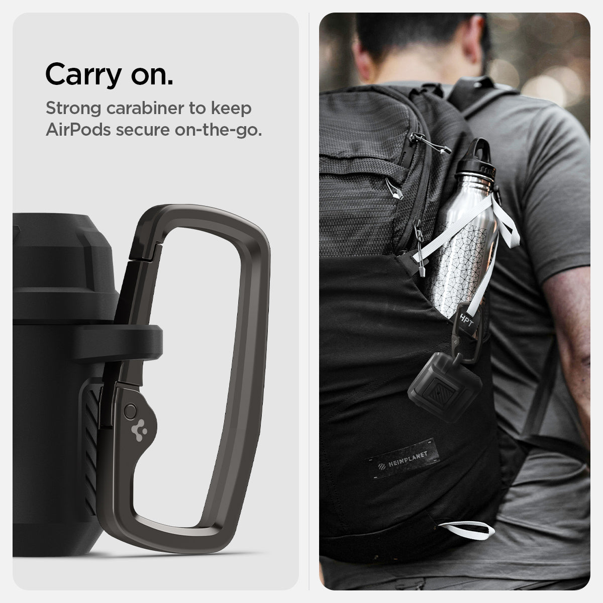 ACS09020 - AirPods 4 Case Lock Fit in Matte Black showing the carry on the go. Strong carabiner to keep AirPods secure