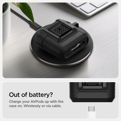 ACS09020 - AirPods 4 Case Lock Fit in Matte Black showing charging your Airpods up with the case on. Wirelessly or via cable