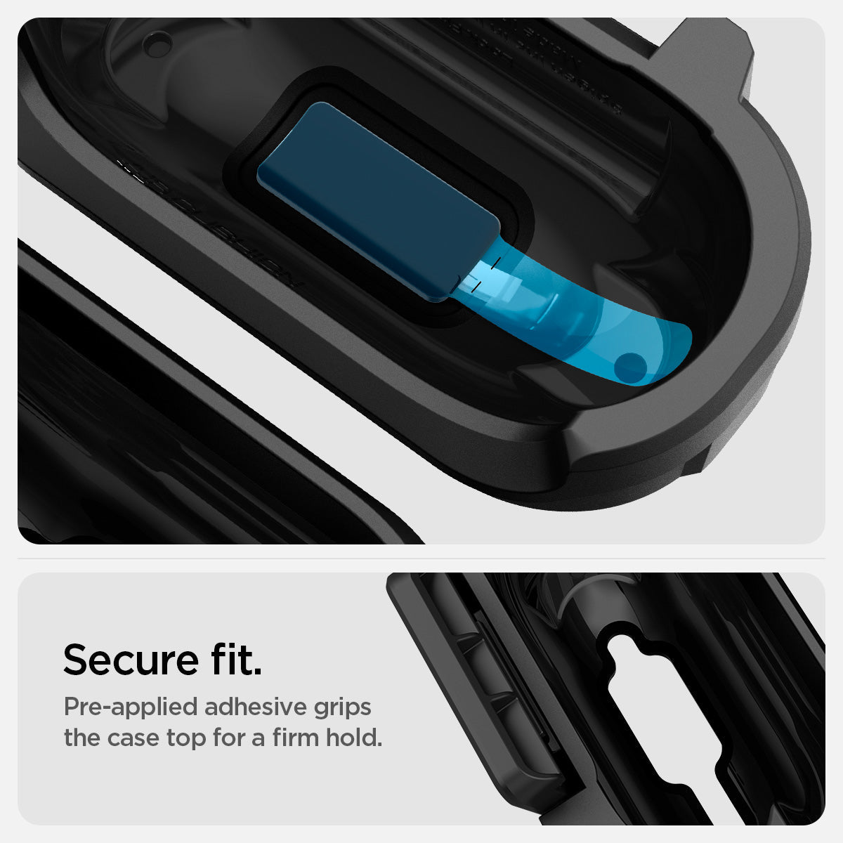 ACS09020 - AirPods 4 Case Lock Fit in Matte Black showing the secure fit. Pre-applied adhesive grips the case top for a firm hold