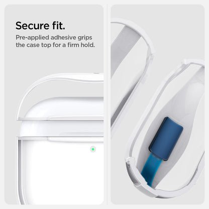 ACS08643 - AirPods 4 Pro / AirPods 4 Ultra Hybrid in Jet White showing the secure fit. Pre-applied adhesive grips the case top for a firm hold