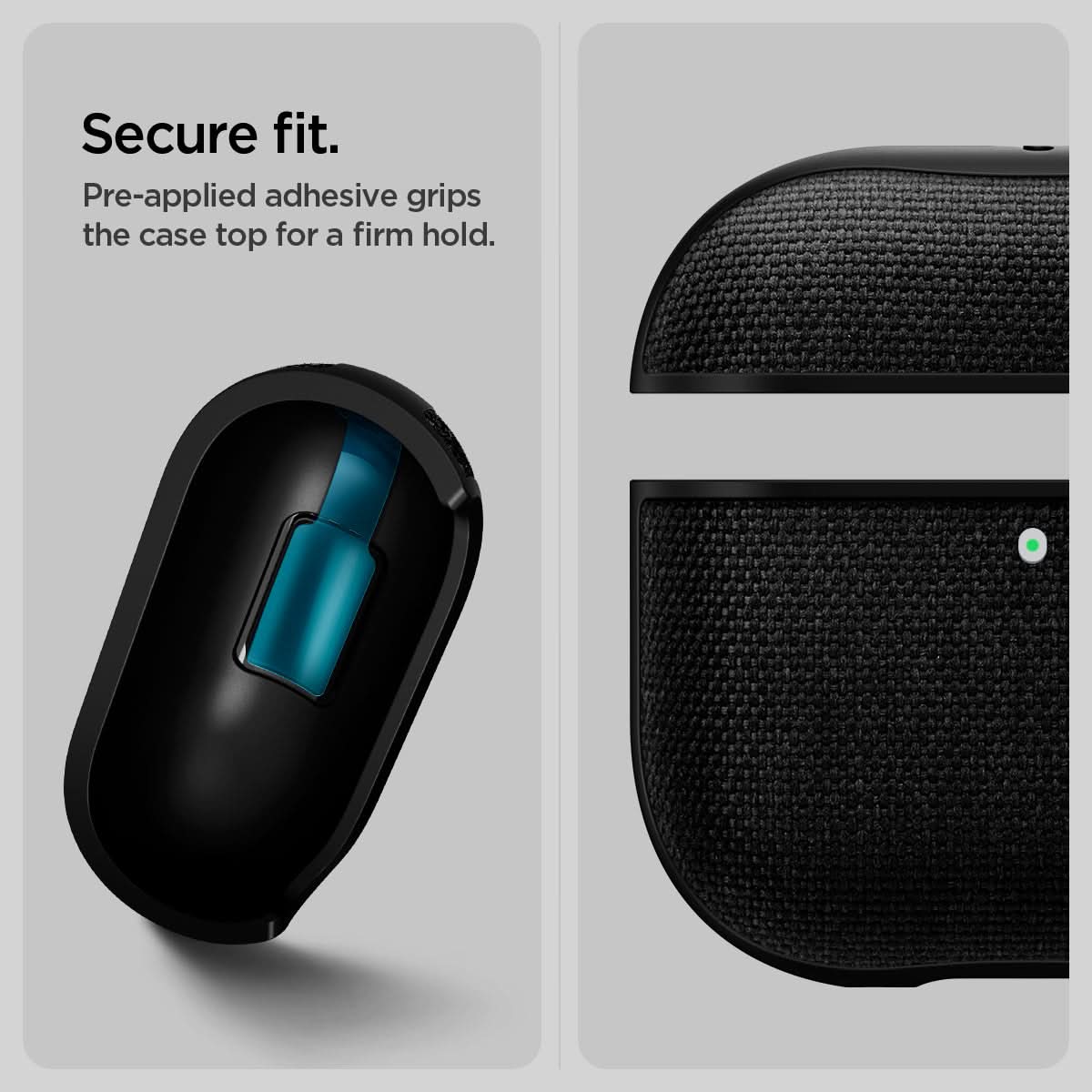 ACS08648 - AirPods 4 Pro / AirPods 4 Case Urban Fit in Black showing the secure fit Pre-applied adhesive grips the case top for a firm hold