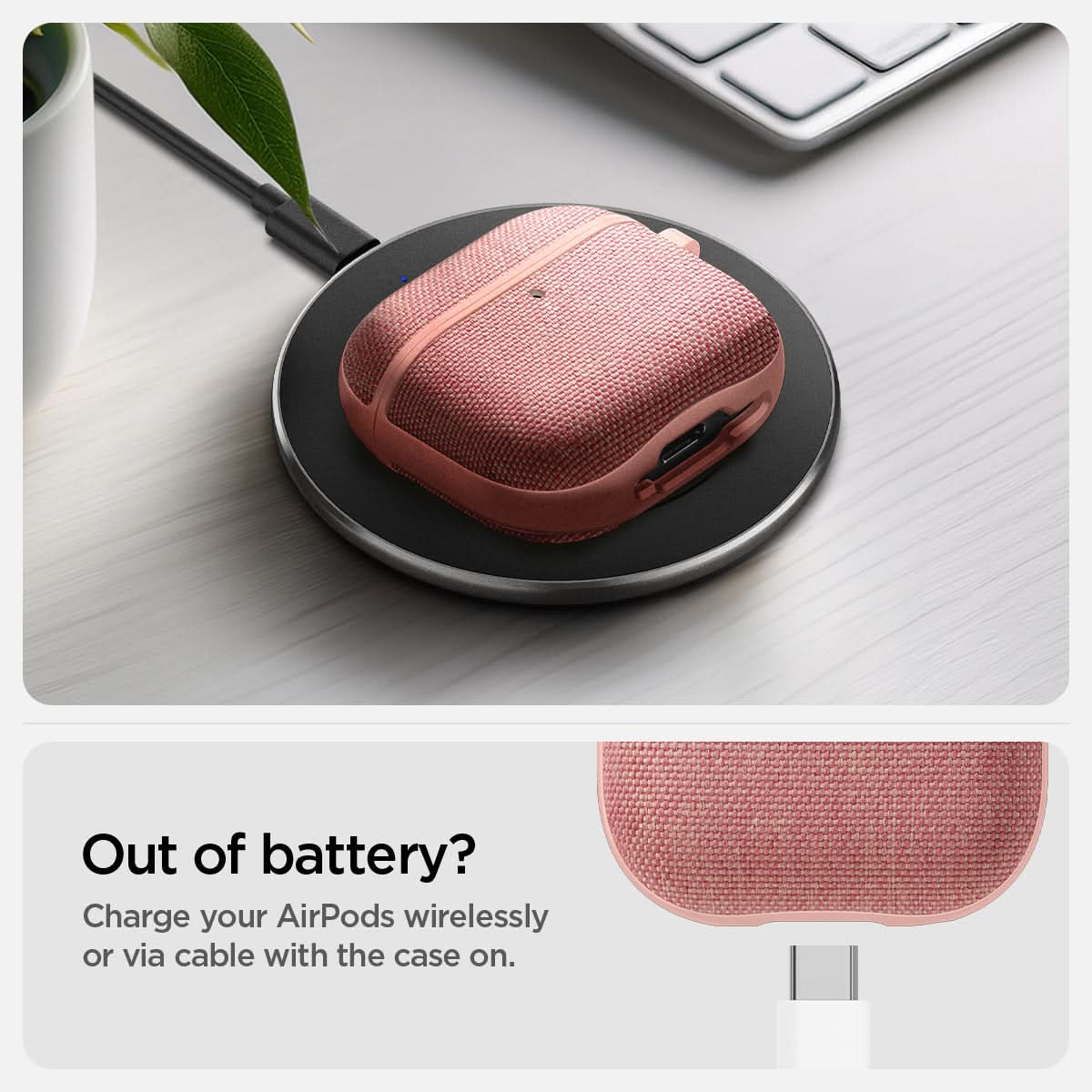 ACS08649 - AirPods 4 Pro / AirPods 4 Case Urban Fit in Rose Gold showing charging your AirPods wirelessly or via cable with the case on