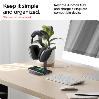 AMP02818 - Apple Airpods Max MagFit Stand in black showing how simple and organize, rest the airpods max and charge a magsafe compatible device