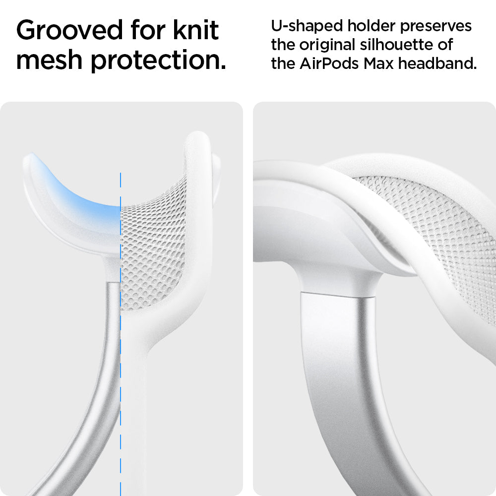 AMP02817 - Apple Airpods Max MagFit Stand in silver showing the grooved for knit mesh protection, u-shaped holder preserves the original silhouette of the airpods max headband
