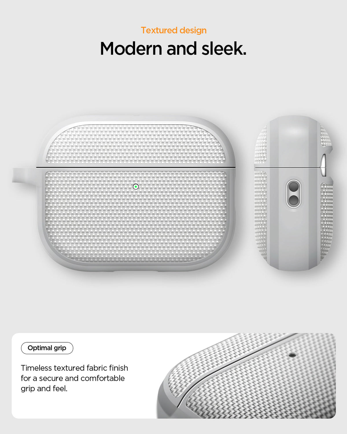 ACS11144 - AirPods Pro 3 Classic Fit case showing modern textured fabric design with front and side views highlighting optimal grip and sleek finish