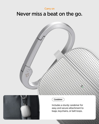 ACS11144 - AirPods Pro 3 Classic Fit case with attached carabiner for secure carry, shown clipped to a bag and highlighting textured fabric finish for on-the-go use