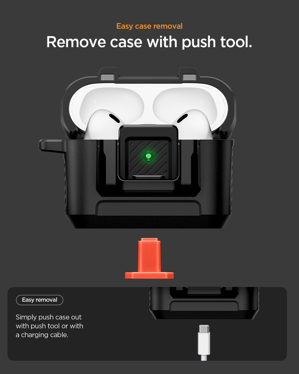 ACS09825 - AirPods Pro 3 Lock Fit in Matte Black showing easy case removal. push case out with cable
