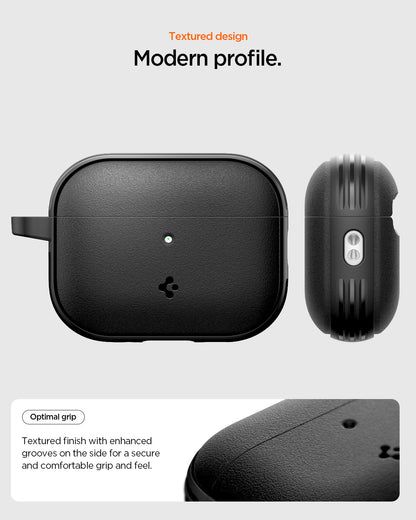 ACS09826 - AirPods Pro 3 Spigen Vault in Matte Black showing textured design. Optimal grip. Textured finish with enhanced grooves on the side for a secure and comfortable grip and feel