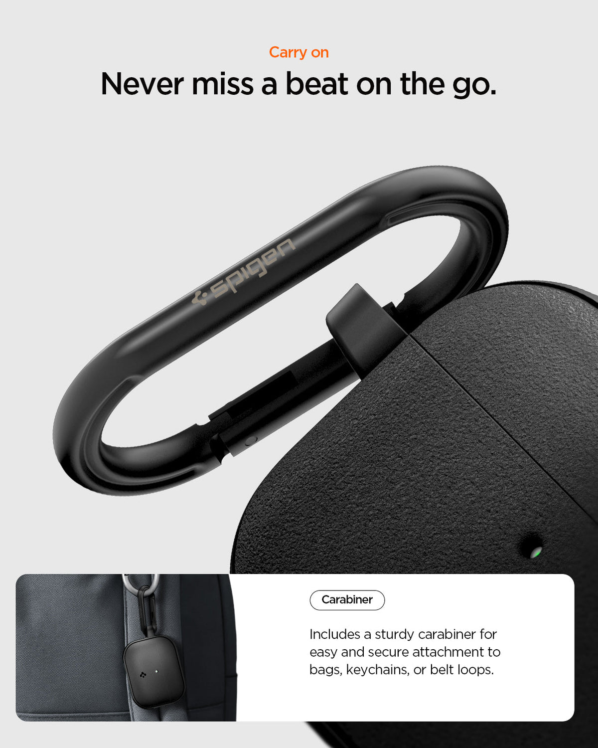 ACS09826 - AirPods Pro 3 Spigen Vault in Matte Black showing carry on. Never miss a beat on the go
