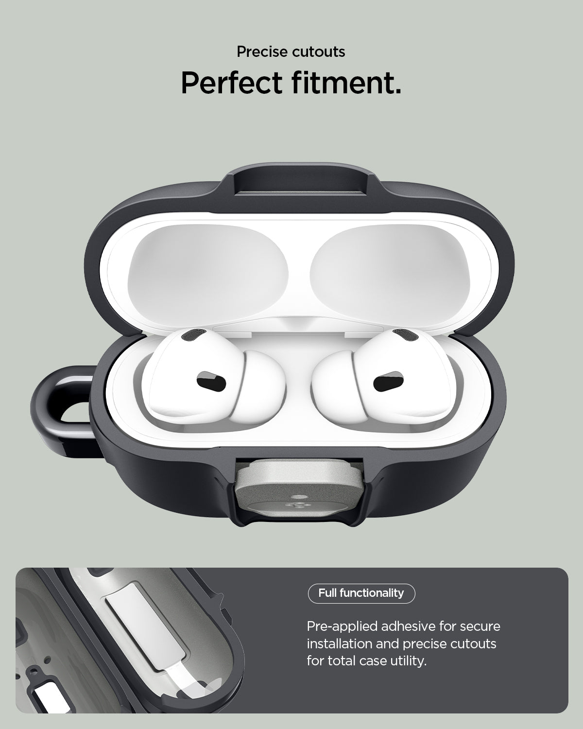 ACS10133 - AirPods Pro 3 Nano Pop in Black Sesame showing precise cutouts perfect fitment. Full functionality. Pre applied adhesive for secure installation and precise cutouts for total case utility