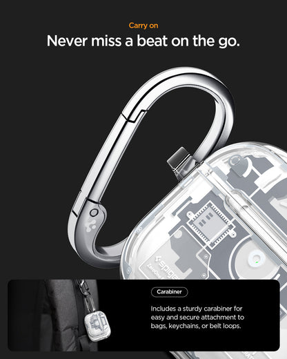 ACS10018 - AirPods Pro 3 Series Ultra Hybrid Zero One (MagFit) in Zero One White showing carry on. never miss a beat on the go. carabiner. includes a sturdy carabiner for easy and secure attachment to bags keychains or belt loops.