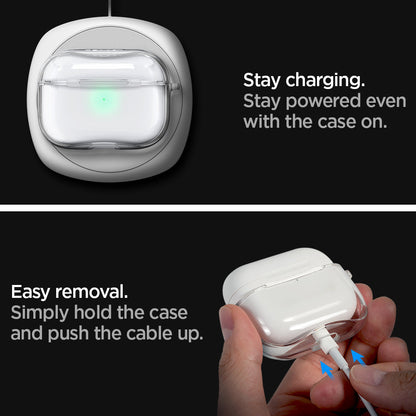 ASD00541 - Apple AirPods Pro Case Ultra Hybrid in crystal clear showing the front easy removal. Simply hold on the case and push the cable up. Stay powered even with the case on