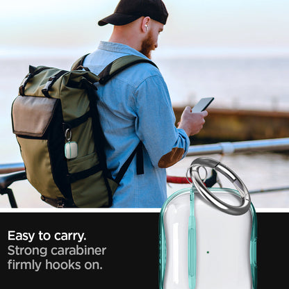 ASD01290 - Apple AirPods Pro Case Ultra Hybrid in green crystal showing the easy to carry. Strong carabiner firmly hooks on