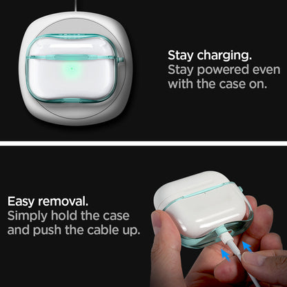 ASD01290 - Apple AirPods Pro Case Ultra Hybrid in green crystal showing the easy removal. Simply hold on the case and push the cable up. Stay powered even with the case on