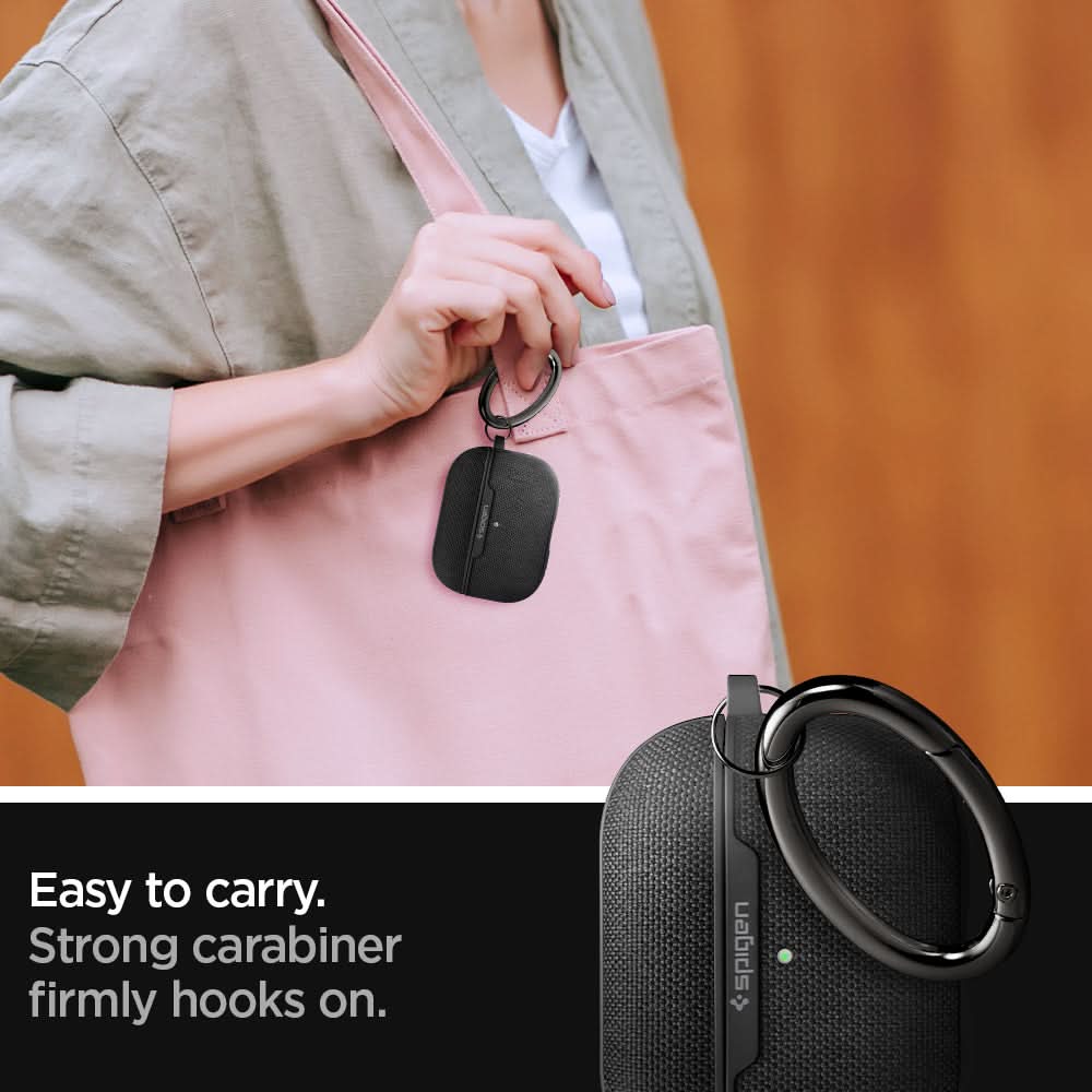 ASD00572 - Apple AirPods Pro Case Urban Fit in black showing how it is easy to carry. Strong carabiner firmly hooks on