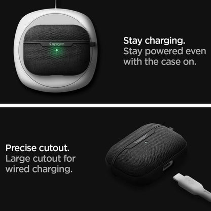 ASD00572 - Apple AirPods Pro Case Urban Fit in black showing it stays charging. Stay powered even with the case on. Precise cutout. Large cutout for wired charging
