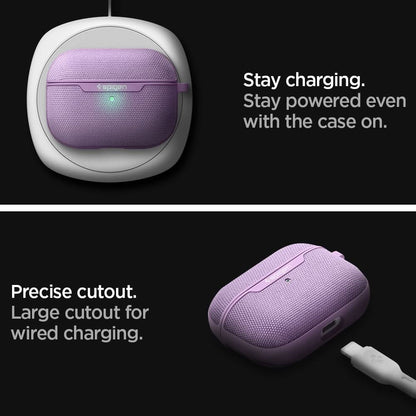 ASD00574 - AirPods Pro Case Urban Fit in Purple showing how it stay charging even with the case on. Precise cutout. Large cutout for wire charging