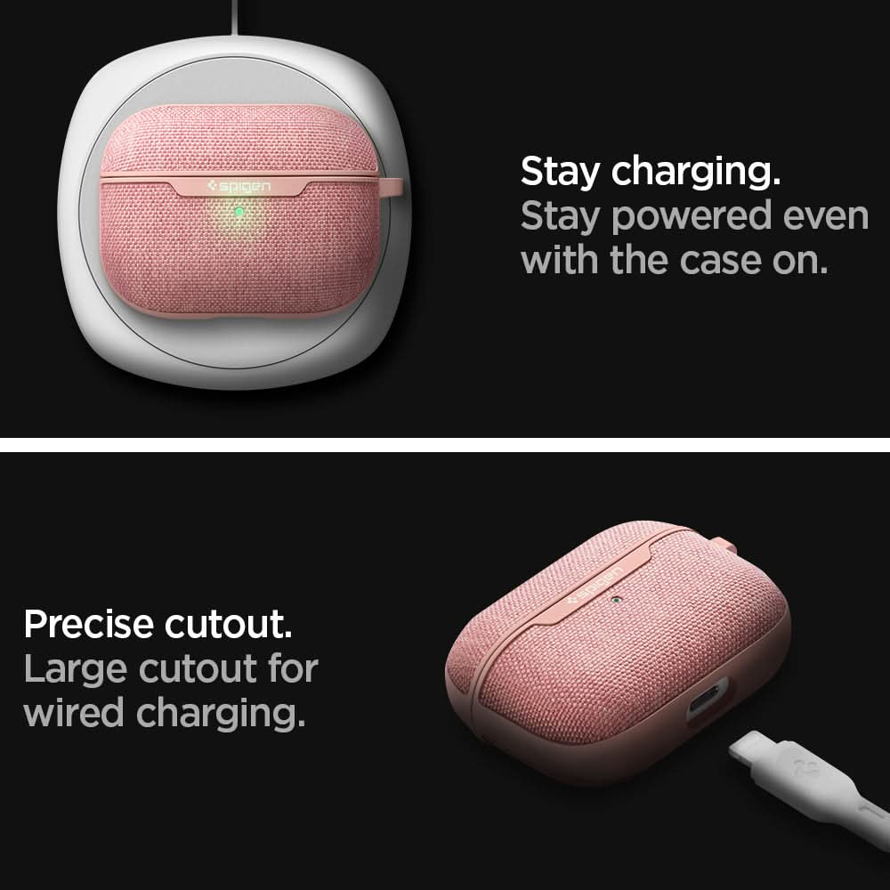 ASD00575 - Apple AirPods Pro Case Urban Fit in rose gold showing it stays charging. Stay powered even with the case on. Precise cutout. Large cutout for wired charging