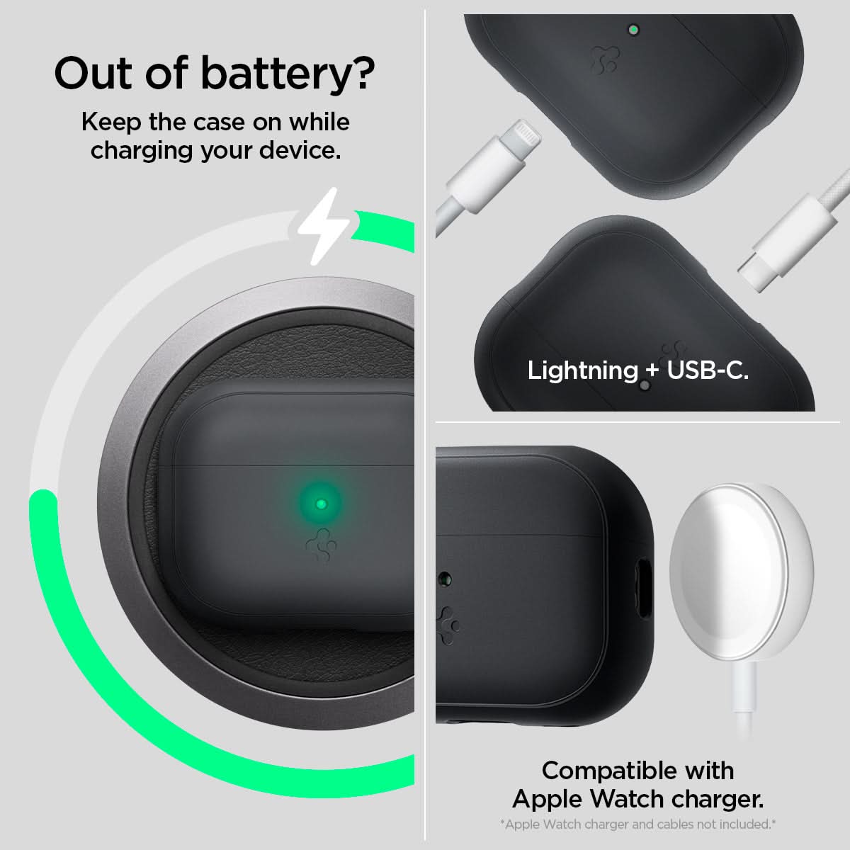 ACS05810 - Apple AirPods Pro 2 Case Silicone Fit + green strap showing how keeping the case on while charging your device. Lightning + USB-C. Compatible with Apple Watch charger
