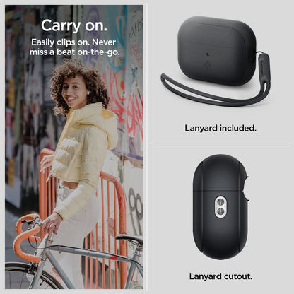ACS05479 - Apple AirPods Pro 2 Case Silicone Fit + strap in black showing how it easily clips on. Never miss a beat on-the-go. Lanyard included and with lanyard cutout