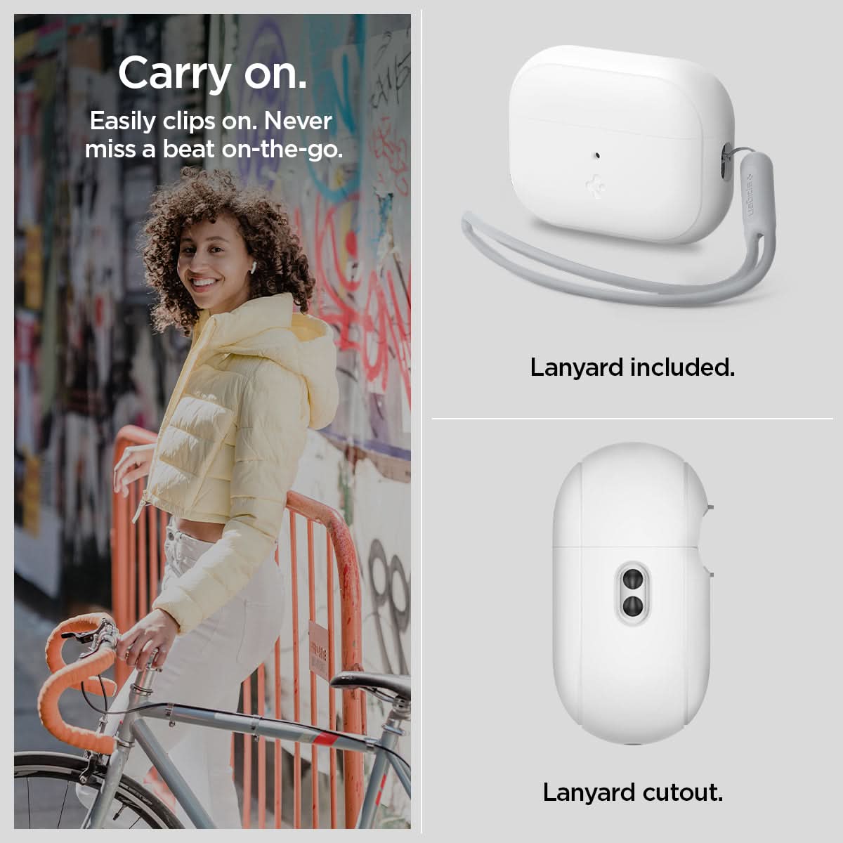 ACS05811 - Apple AirPods Pro 2 Case Silicone Fit + strap in white showing how it easily clips on. Never miss a beat on-the-go. Lanyard included and with lanyard cutout