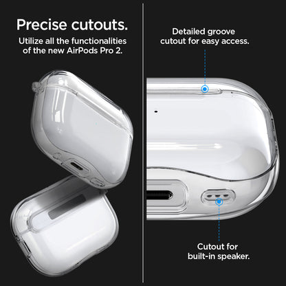 ACS05481 - Apple AirPods Pro 2 Case Ultra Hybrid in crystal clear showing the precise cutout. Utilize all the functionalities of the new AirPods Pro 2. Detailed groove cutout for easy access. Cutout for built-in speaker
