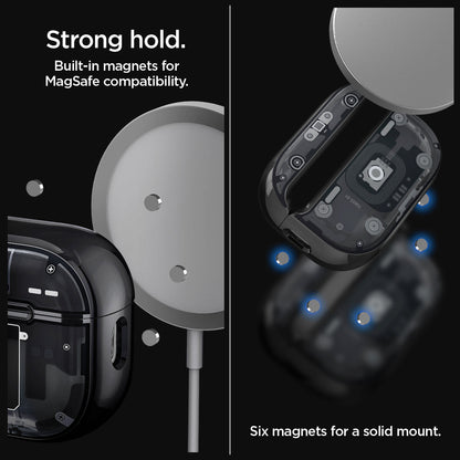 ACS05593 - AirPods Series Ultra Hybrid Zero One (MagFit) Case in zero one showing the strong hold. Built-in magnets for MagSafe compatibility. It has six magnets for a solid mount