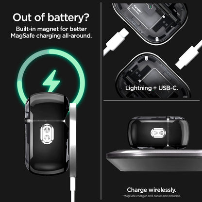ACS05593 - AirPods Series Ultra Hybrid Zero One (MagFit) Case in zero one showing the built-in magnet for better MagSafe charging all-around. Lightning USB-C and charged wirelessly