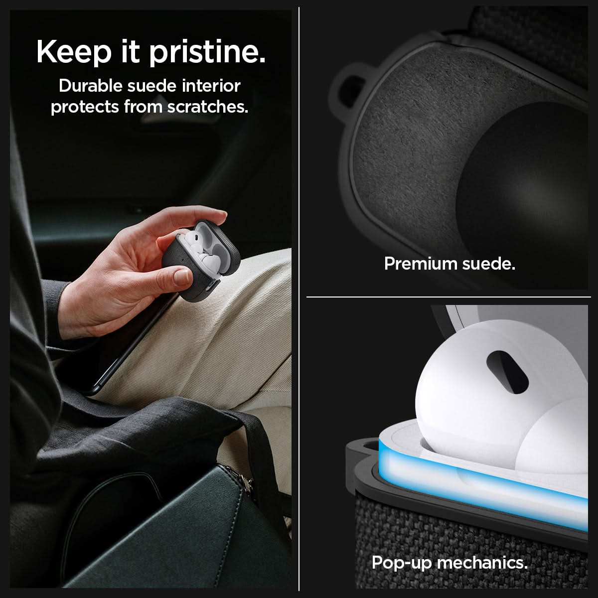 ACS05483 - Apple AirPods Pro 2 Case Urban Fit in black showing the durable suede interior that protects from scratches. Premium suede and Pop-up mechanics