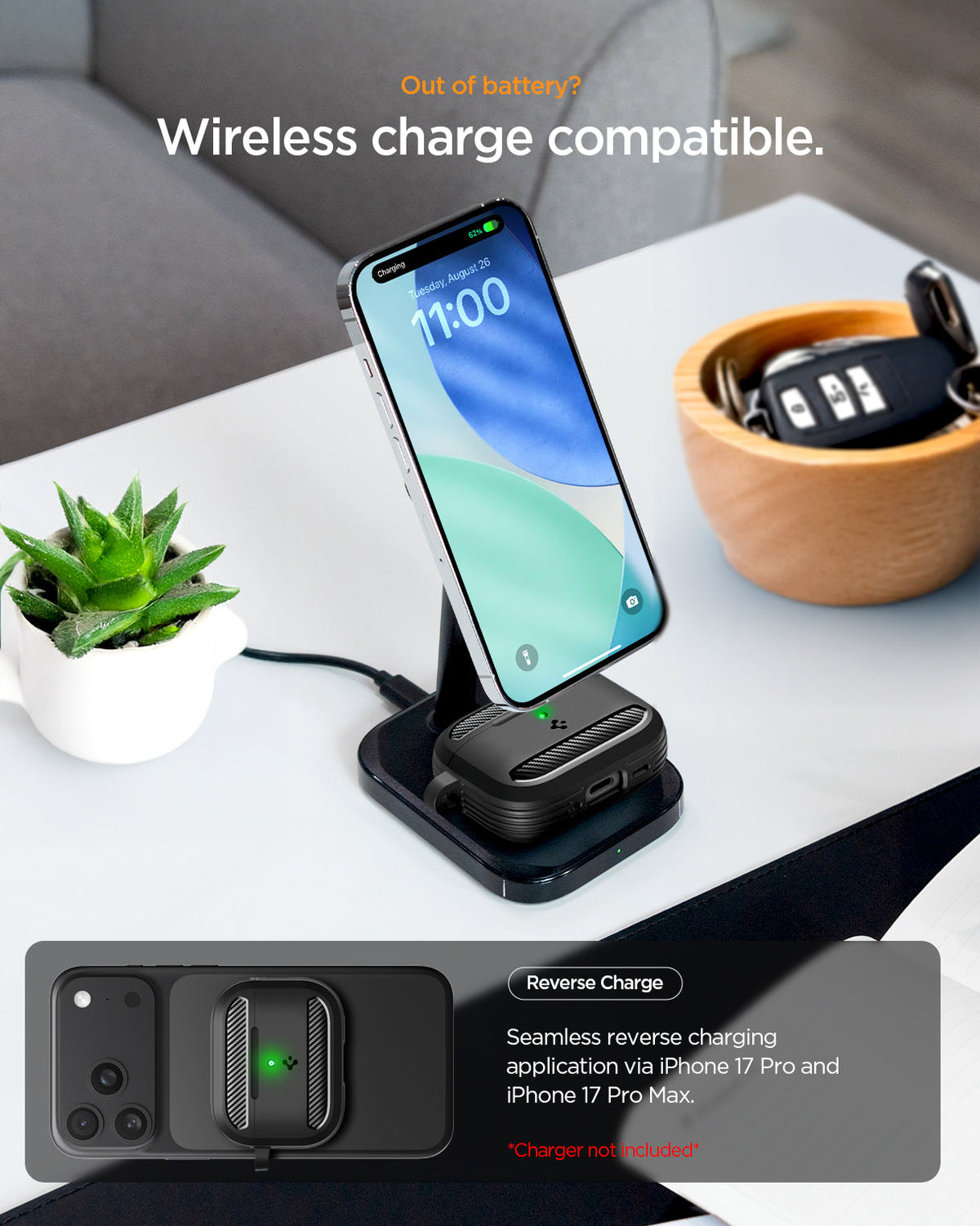 ACS09822 - AirPods Pro 3 Rugged Armor in Matte Black showing out f battery? Wireless charge compatible. seamless reverse charging application via iPhone 17 pro and iPhone 17 pro max