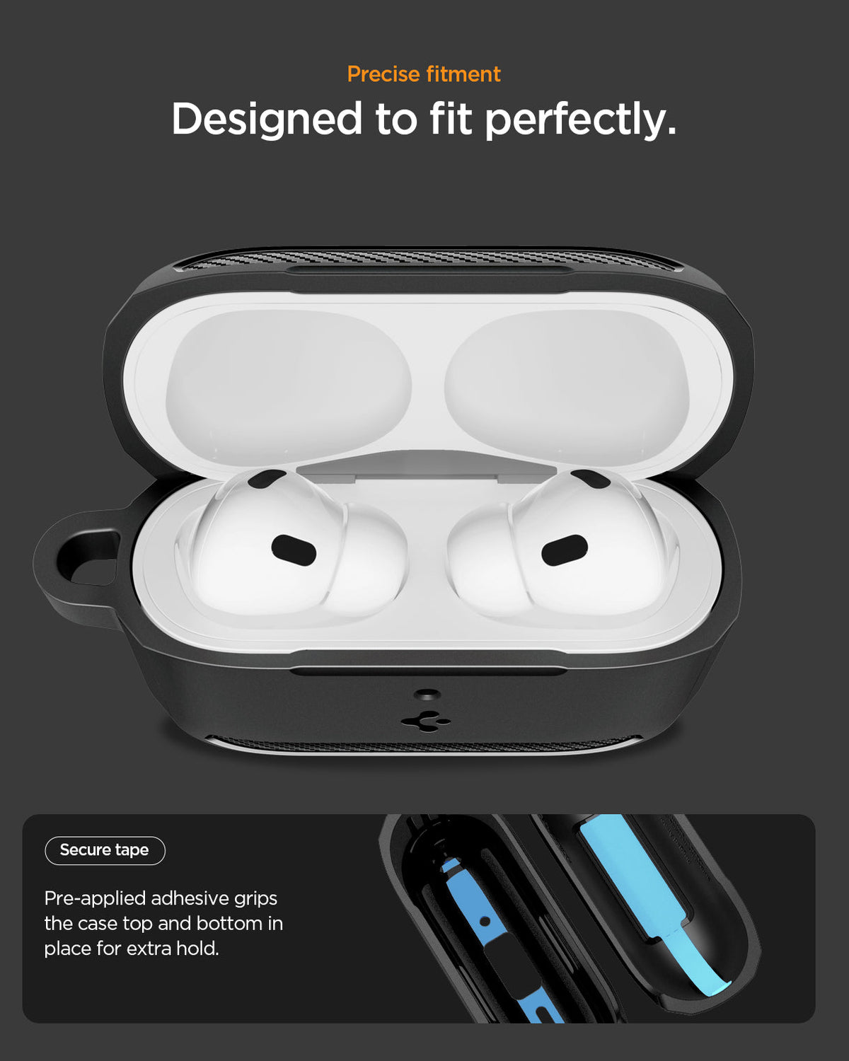 ACS09822 - AirPods Pro 3 Rugged Armor in Matte Black showing precise fitment. designed to fit perfectly.