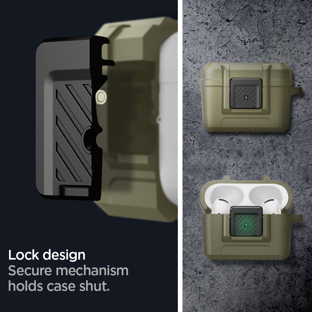 ACS05910 - Apple AirPods Pro Case Lock Fit in vintage khaki showing lock design. Secure mechanism holds case shut